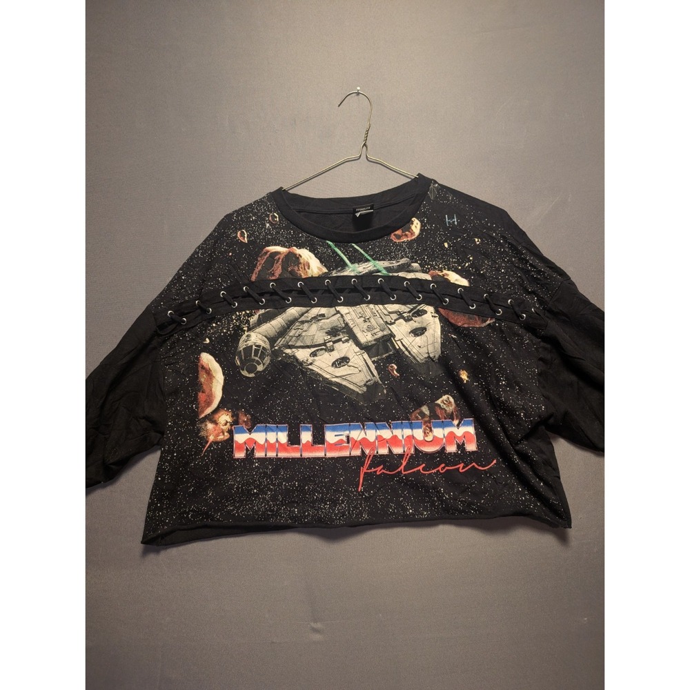 Star Wars Millennium Falcon Lace Up Cropped Sweatshirt Women Large Black Graphic